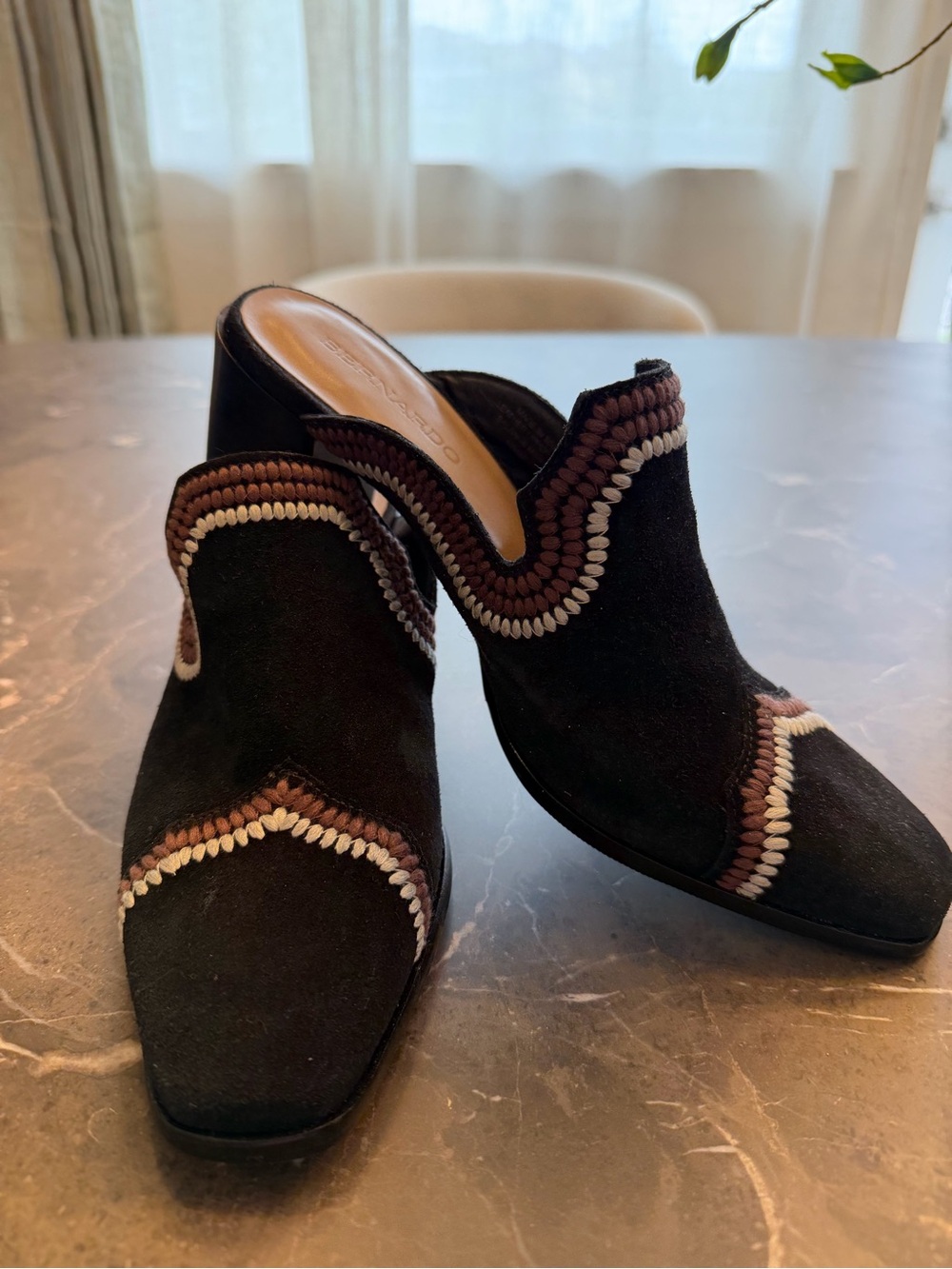 Bernardo Black Suede Mules with Brown and Cream Whipstitch